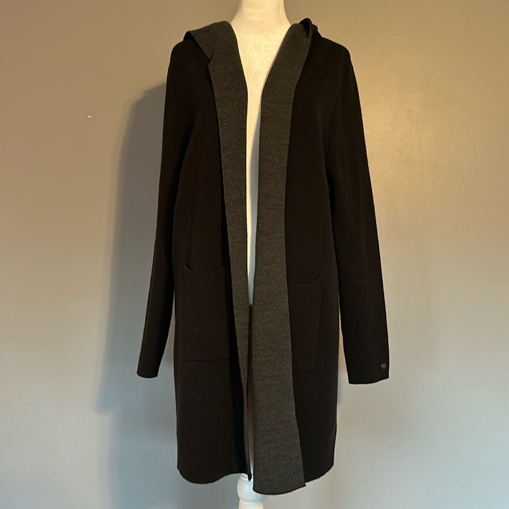 Calia Long Cardigan Sweater in Black with Charcoal Interior, Size S/M